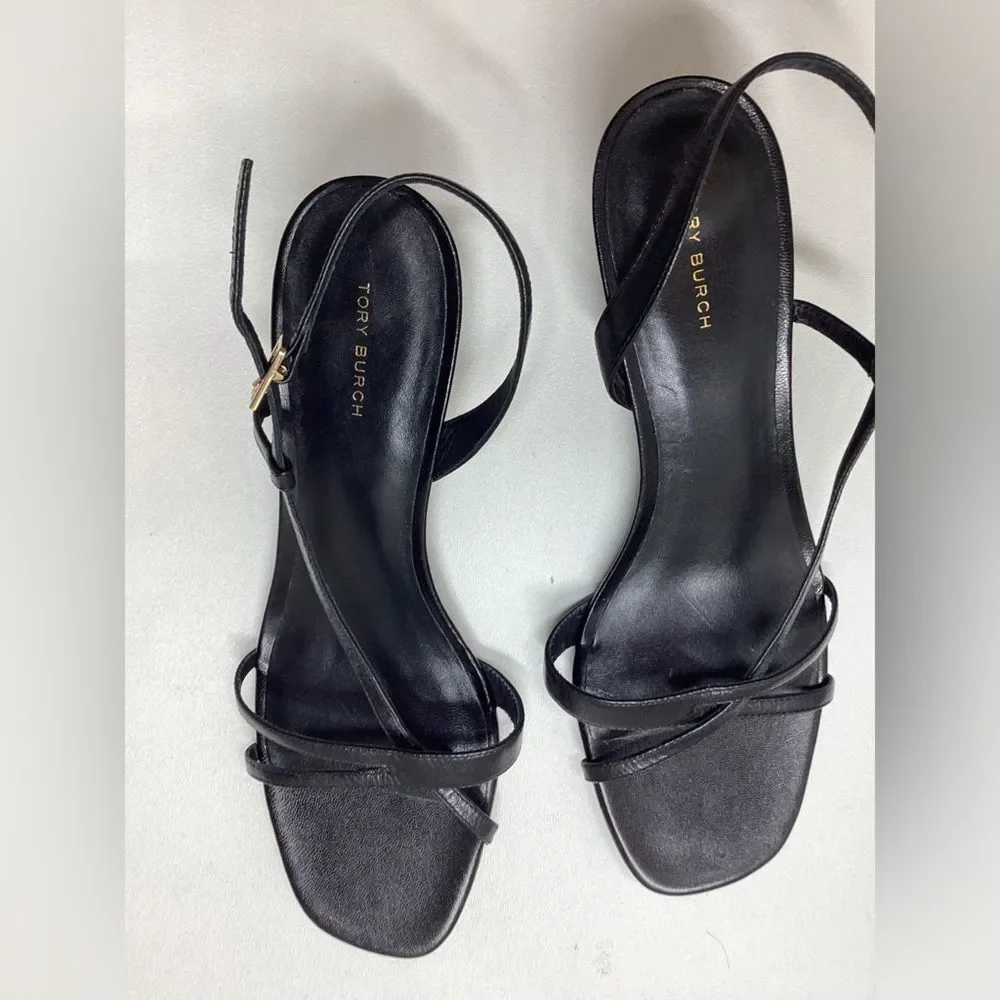 Tory Burch Black Leather Strappy Slingback Heels Size 10.5
